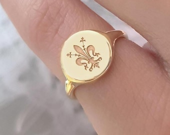 14k Family Crest Signet Ring Women, Coat of Arms - Solid Gold Ring, Custom Engraving Round Pinky Ring, Dad to Daughter Family Gift