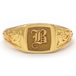 14k aangepaste zegelring voor vrouwen, massief goud met decoratie aan de zijkant, vierkante alledaagse ring, gegraveerde ring voor familie, oudengels ringmonogram