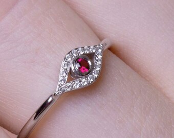 Diamant-Böser-Augen-Ring aus massivem Gold, Zierlicher Diamant-Augenring für den Alltag, Schutzring mit Saphir-Rubin-Smaragd, Zeitloses Geschenk RN404