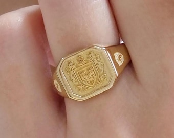 14k Gold Octagon Signet ring with your Personalized Design - Heirloom Family Crest, University Coat of Arms / Business Seal