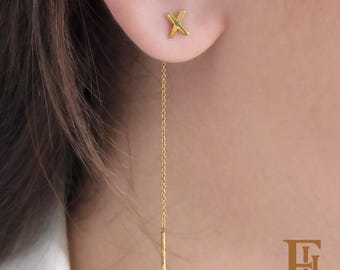 Solid Gold Letter Threader Earrings, Dainty Chain Dangle posts