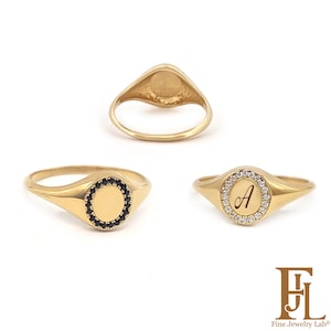 Small Solid Gold Diamond Signet Ring, Engraved Initial image 6