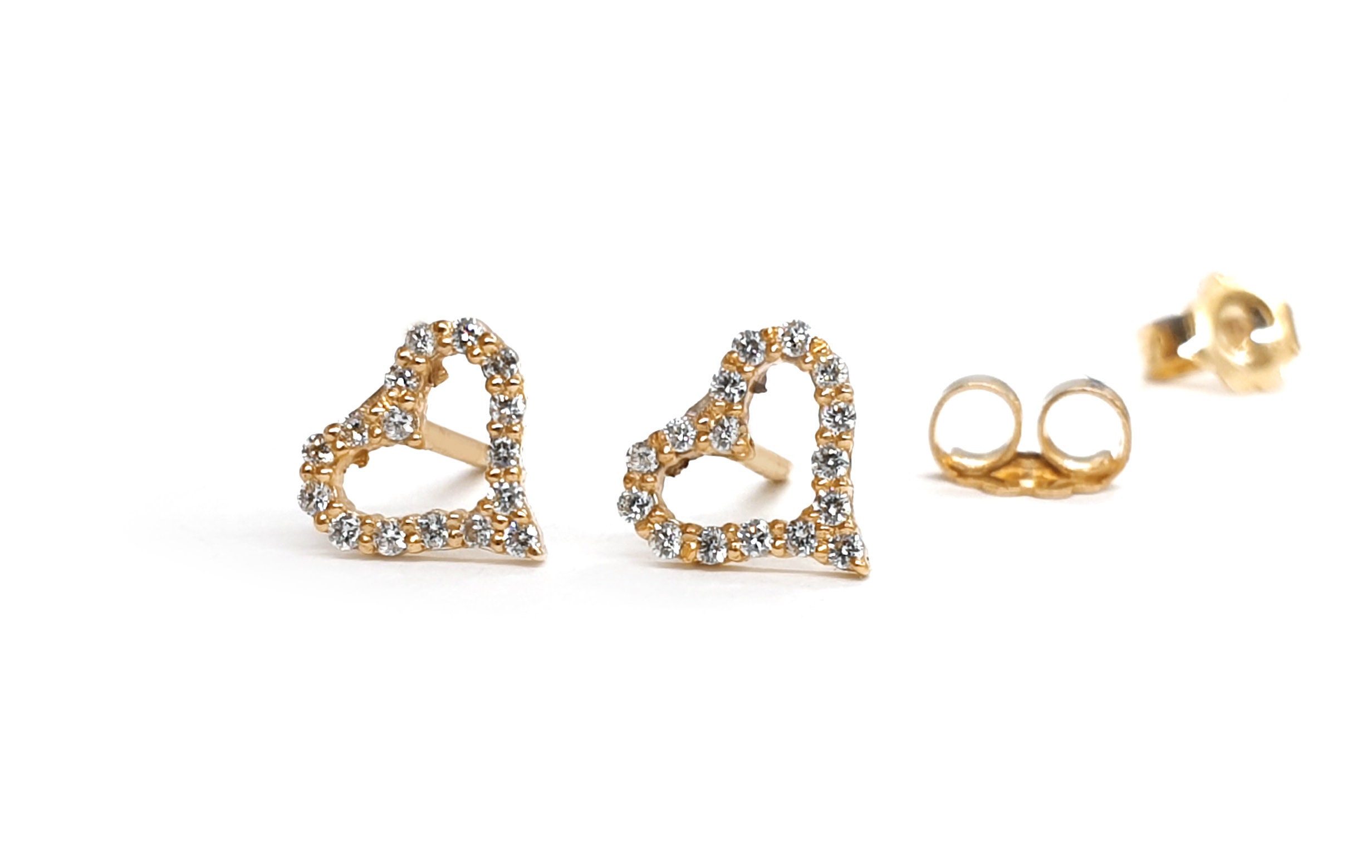 Tiny Heart Earrings With Diamonds, Diamond Heart Studs in