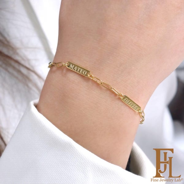 Custom engraved bracelet with 2 tags, Personalized solid gold chain bracelet