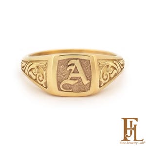 Anello con sigillo in oro massiccio, monogramma inglese antico inciso, 9k 14k 18k
