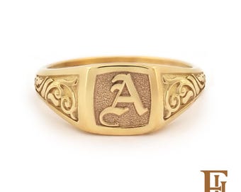 Solid Gold Signet Ring, Engraved Old English Monogram, 9k 14k 18k