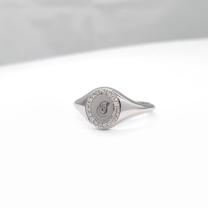 Small Solid Gold Diamond Signet Ring, Engraved Initial image 7