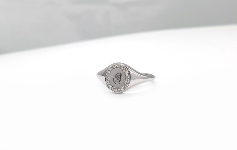 Small Solid Gold Diamond Signet Ring, Engraved Initial image 7