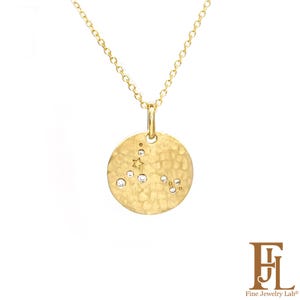 14k Diamond Constellation Necklace, Hammered Solid Gold Zodiac Charm, Celestial Disc Pendant , Modern Chic Girl - Fine Jewelry Gift for Her