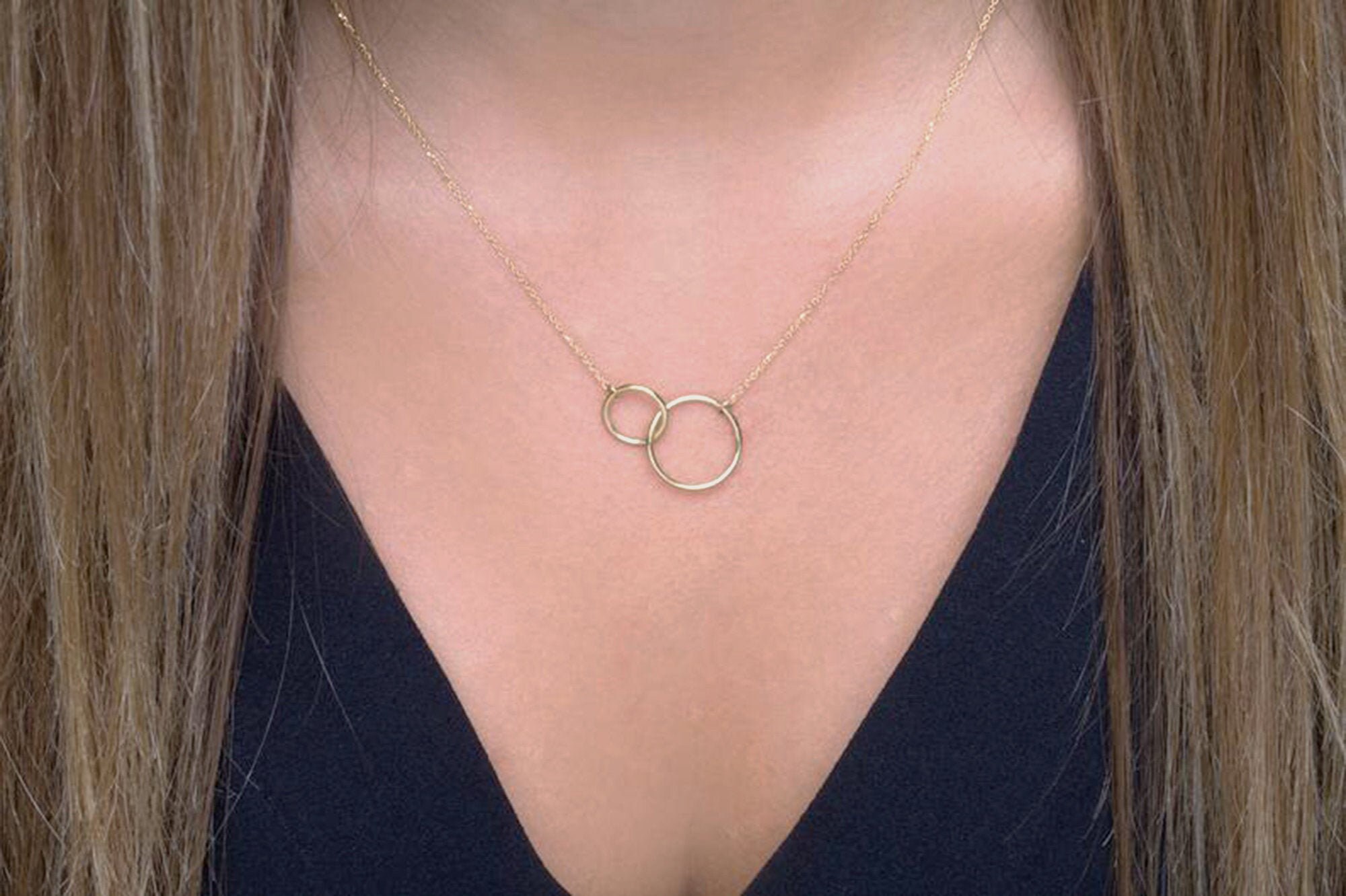 Dainty double circle necklace for womenSolid gold layering Etsy