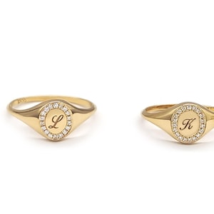 Small oval solid gold signet ring with diamonds, Engraved Initial, Dainty diamond frame ring in gold, Any letter diamond ring,  gift for her