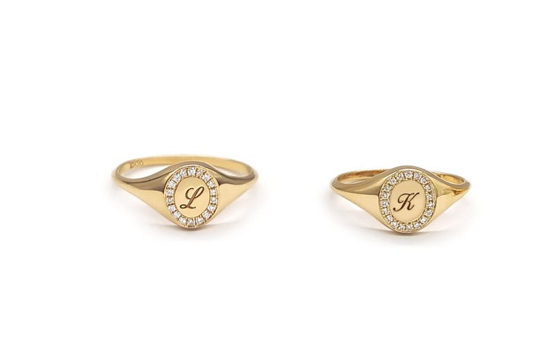 Small oval solid gold signet ring with diamonds, Dainty diamond frame ring in gold, Any letter diamond ring in gold,  gift for her, RN370-1