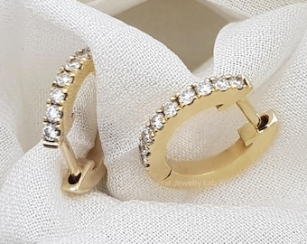 Diamond hoop earrings in solid gold, Solid gold Diamond huggies, Rose gold earrings with black diamonds, Timeless Hoop earrings, Gift 14x8mm