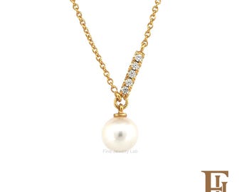 Solid Gold Pearl Necklace, Pave Diamond Bar, Fine Jewelry Gift, 9k 14k 18k
