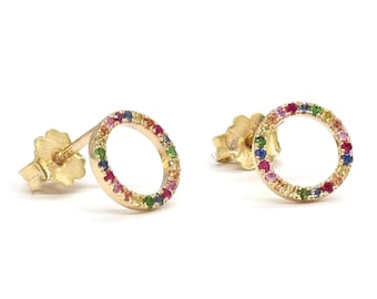Rainbow circle earrings with genuine multicolor sapphires, Solid gold circle earrings, Multi sapphire stud earrings for women, Unique Gift