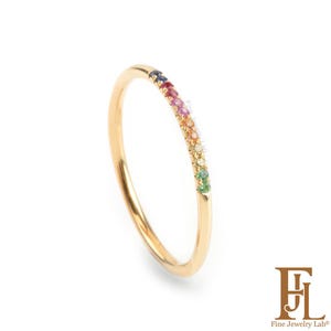 Multi Sapphire skinny ring, Dainty Rainbow thin ring, Extra thin band with Multi color sapphires, Unique gift for her, 1.1mm