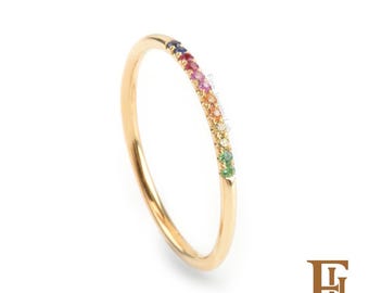 Multi Sapphire skinny ring, Dainty Rainbow thin ring, Extra thin band with Multi color sapphires, Unique gift for her, 1.1mm