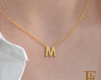 Solid Gold Initial Necklace,  Personalized Letter Charm, Minimalist Monogram