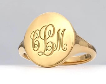Monogramm ovaler Ring aus massivem Gold, personalisierter Siegelring mit vollem Rücken