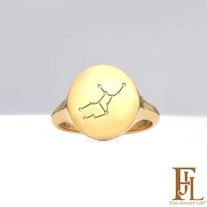 14k Celestial Ring Real Gold, ANY Star Zodiac Constellation Engraving, Solid Gold Women Pinky Ring, Zodiac Horoscope Jewelry Gift for Her
