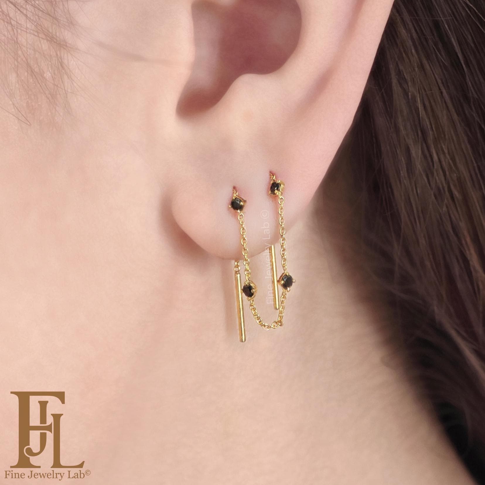 Single threader earring with natural black diamonds, Solid gold threader earrings, Natural gemstone chain earring, Unique earrings