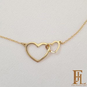 Dainty double heart necklace for women, Solid gold layering necklace, Rose Gold interlocking heart necklace, Unique gold love gift for her