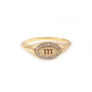 14k Oval Diamond Pave Signet Ring, Dainty Pinky Ring in solid gold, Initial engraved Women Signet Ring, Pinky finger ring, Anniversary gift