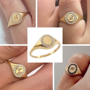 Small Solid Gold Diamond Signet Ring, Engraved Initial image 4
