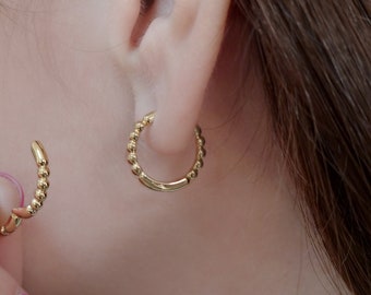 Dotted Hoop Earrings in Solid Gold, Tiny Bubble Hoops for