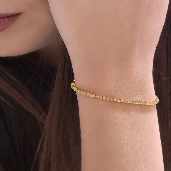 Thin Diamond Tennis Bracelet in solid gold, Dainty Solid Gold Tennis Riviera,  Delicate Timeless Diamond bracelet, Gift for woman