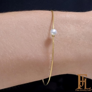 14K Thin Slip On Bangle in Solid Gold, Classic Pearl Bead Bangle, Real Gold Bracelet - Fine Jewelry Gift, Stacking Bracelet, Goldsmith Made