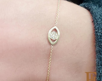 Dainty Diamond Evil Eye Bracelet, Solid Gold Protection Jewelry