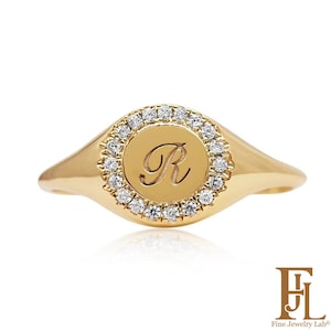 Verfijnde gouden ring met diamanten initialen, gegraveerd monogram, zegelring, 9k 14k 18k