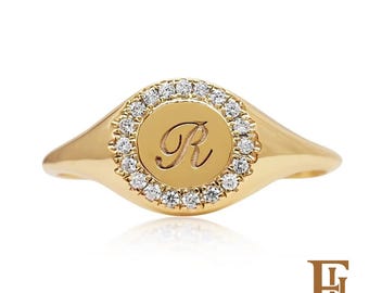Dainty Gold Diamond Initial Ring, Engraved Monogram Signet, 9k 14k 18k