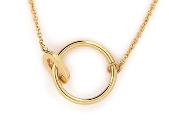 Solid gold interlocking circle necklace, Linked gold charm, 9k, 14k, 18k