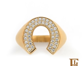 Gold Horseshoe Ring, Natural Diamond Micro Pave Equestrian Jewelry, 9k 14k 18k