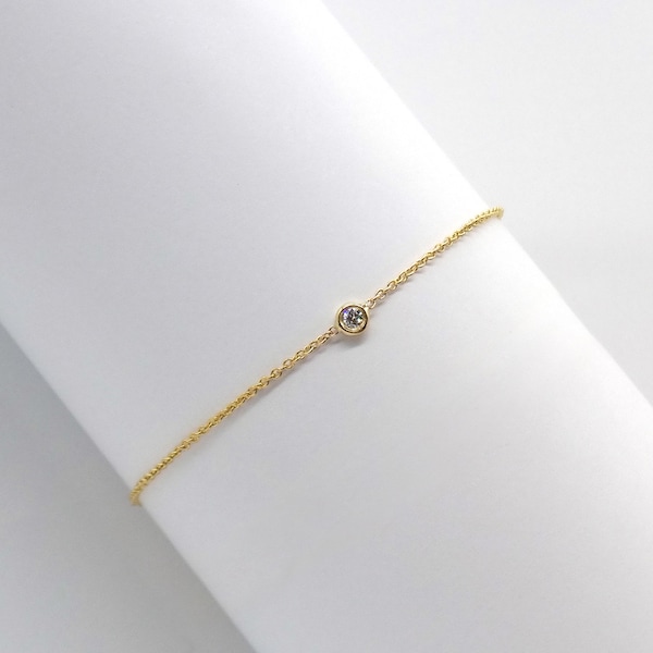 Dainty diamond bracelet in solid gold  Solitaire bracelet with a sparkling diamond Tiny rose gold bracelet  Bridesmaids gift   Gift for her