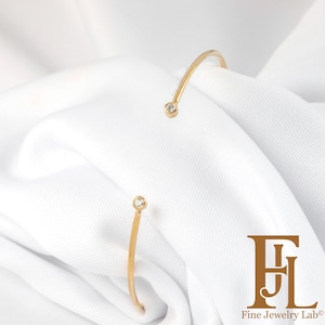 Two diamond open bangle in solid gold, Solid Gold  open cuff bracelet with black diamonds, Timeless Diamond bar bracelet, Birthday gift