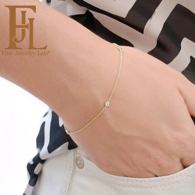 Dainty Solid Gold Diamond Station Bracelet, Bezel Set chain image 3