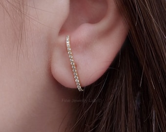 Single long diamond bar earring in solid gold, Unique gold bar Stud earring, Black Diamond long gold stud, Minimalist earring, Unique gift,