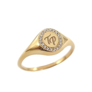 Anillo de dedo meñique de 14 k para mujer, anillo con sello de diamantes de dos letras para ella, hija o esposa, regalo de personalización con inicial grabada, regalo de joyería fina