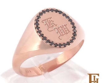 Large solid gold diamond signet ring, Monogram chevalier ring, Engraved personalized gift, 11x13mm