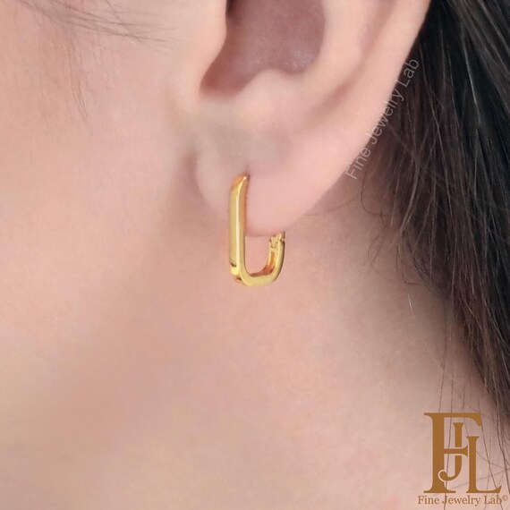 Paperclip Hoop Earrings in Solid Gold for Women, Geometric Solid