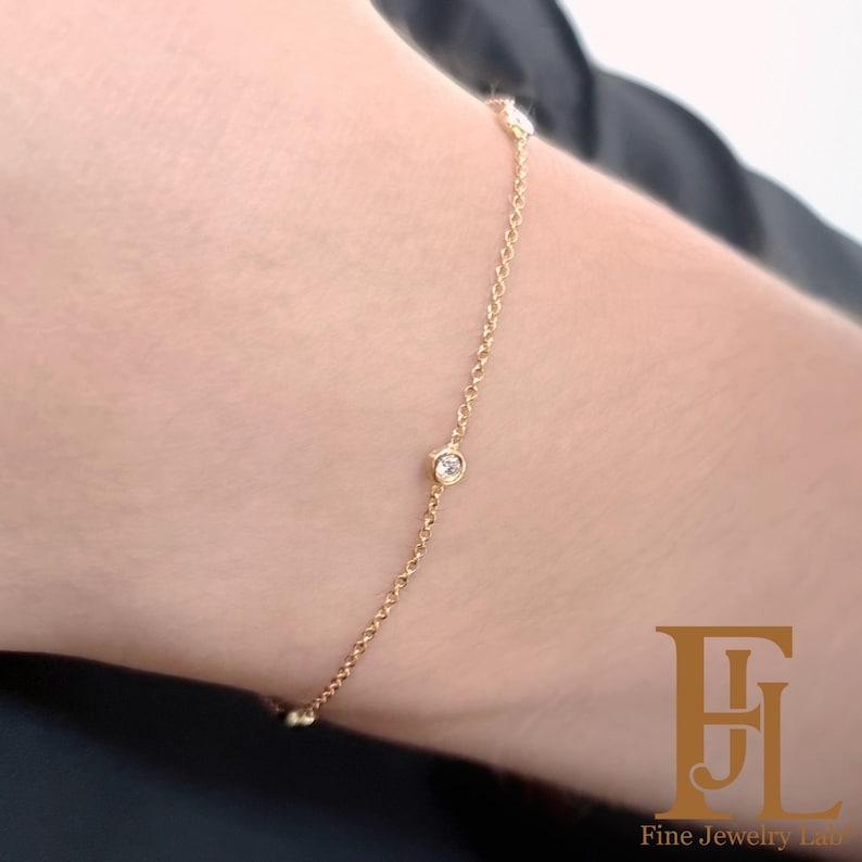 Dainty Solid Gold Diamond Station Bracelet, Bezel Set chain image 1