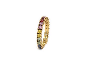 Rainbow solid gold band with sapphires and rubies, Ombre gemstone ring with gemstones, Large multi colour sapphire ring, Unique Gift for her