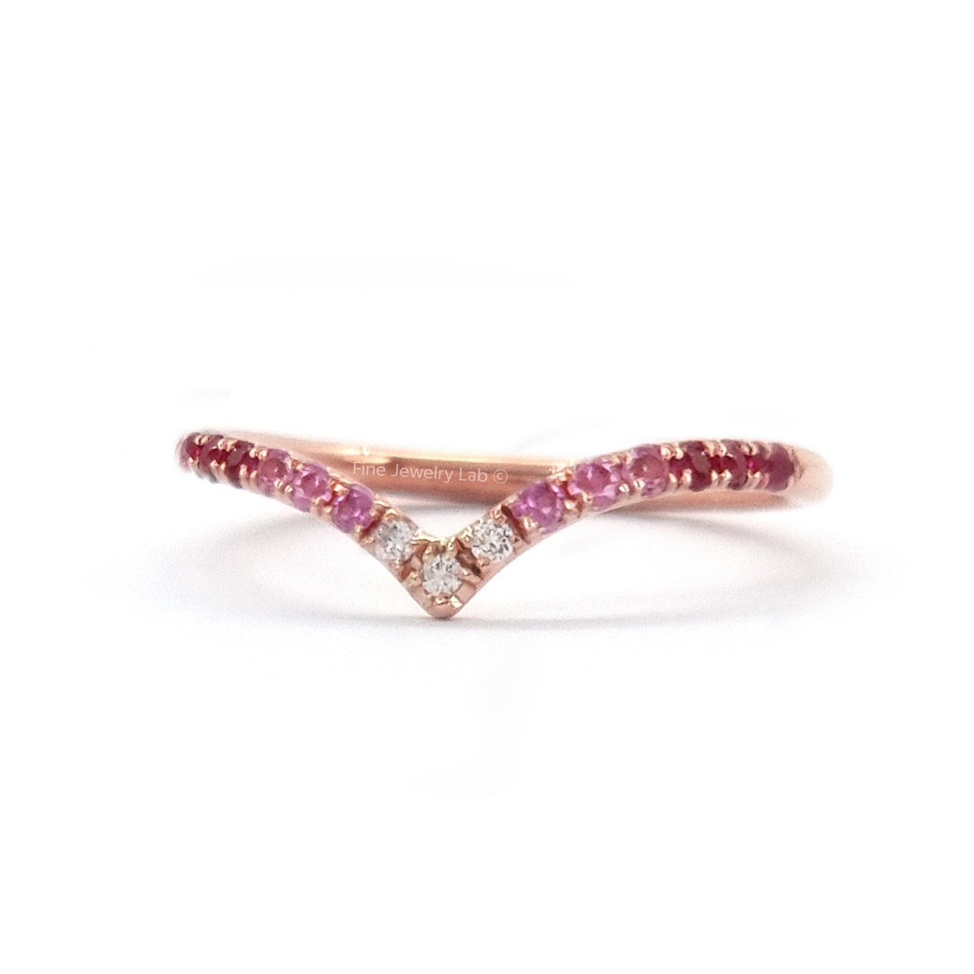 Ombre Stacking Diamond Ring, V shape Ring, Natural Diamond & Sapphire, Dainty Chevron Ring with 15 Gemstones, Thin Diamond Band - Solid Gold
