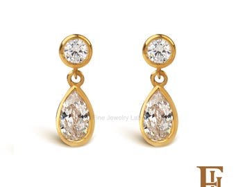 0.50ct Lab-Grown Pear Diamond Dangle Earrings: 9k-18k Gold Studs