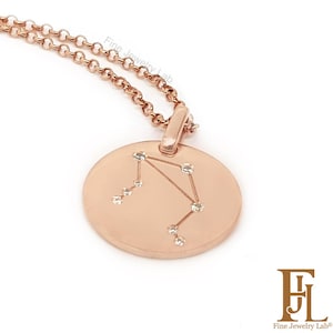 Large round Diamond Constellation disc, Zodiac disc necklace in solid gold, Unique gold Zodiac sign charm, Diamond disc necklace for gift