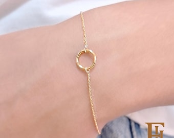 Geometric circle bracelet in solid gold, Gold bracelet in 9k,14k,&18k, Delicate circle bracelet, Tiny circle bracelet, Gold chain bracelet