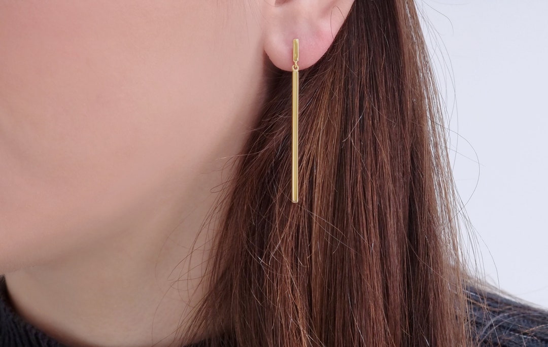 Solid Gold Dangle Bar Earrings, Handmade Long Bar Drop Earrings, Light